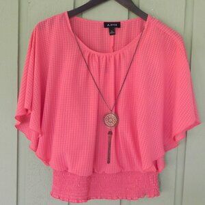 A. Byer Unique Orange Peach Blouse with Necklace Detail Size S